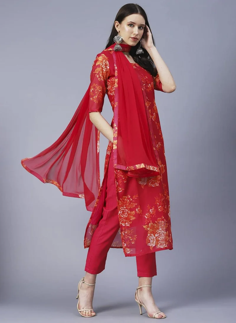 GoSriKi  GoSriKi Women's Chanderi Cotton Printed Straight Kurta with Pant & Dupatta (AUX-ORANGE-GS_4XL_Pink_XXXX-Large) for Women | Best Price UAE